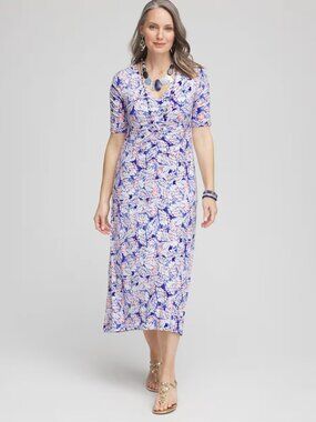 Chico's Blue White Ruched Jersey Midi‎ Dress Size Small